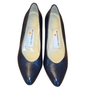 Liz Claiborne 4.5 Navy Blue Leather Kitten Heel Pointed Toe Pumps Womens Vintage